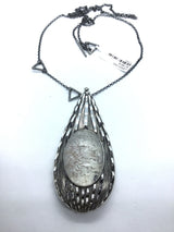 Lodolite Pendant With Toggle Chain - Large Oval Cabochon With Glittering White Inclusions Bezel Set In Avant-garde Flowing Silver Pear With Textured Layers - Opens Into Locket On Toggle Chain With 3 Length Options