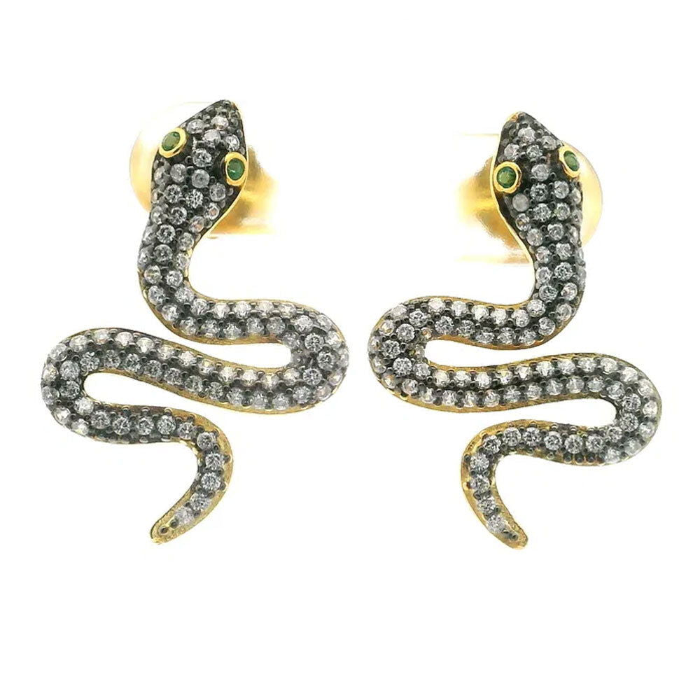 Nano Stone Stud Earrings - Quartz Snake with Green Eyes in Gold Vermeil over 925 Sterling Silver