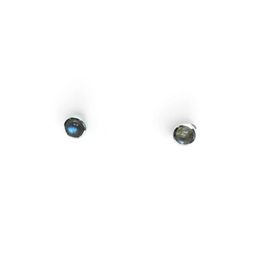Rare Earth Gallery cambered round labradorite stud earrings with iridescent blue flash in silver settings