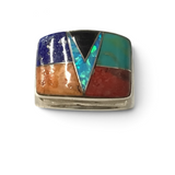 Rare Earth Gallery multicolor wide micro inlay band ring featuring a V-shaped opal accent in sterling silver