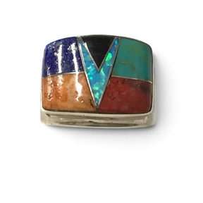 Rare Earth Gallery multicolor wide micro inlay band ring featuring a V-shaped opal accent in sterling silver