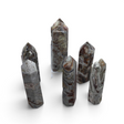 Rare Earth Gallery collection of six polished Crazy Lace Agate crystal points featuring intricate banding and druze