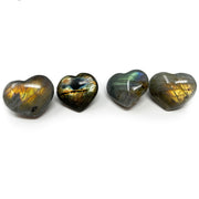 Four extra-small labradorite hearts lined up on white, each flashing gold, blue and green