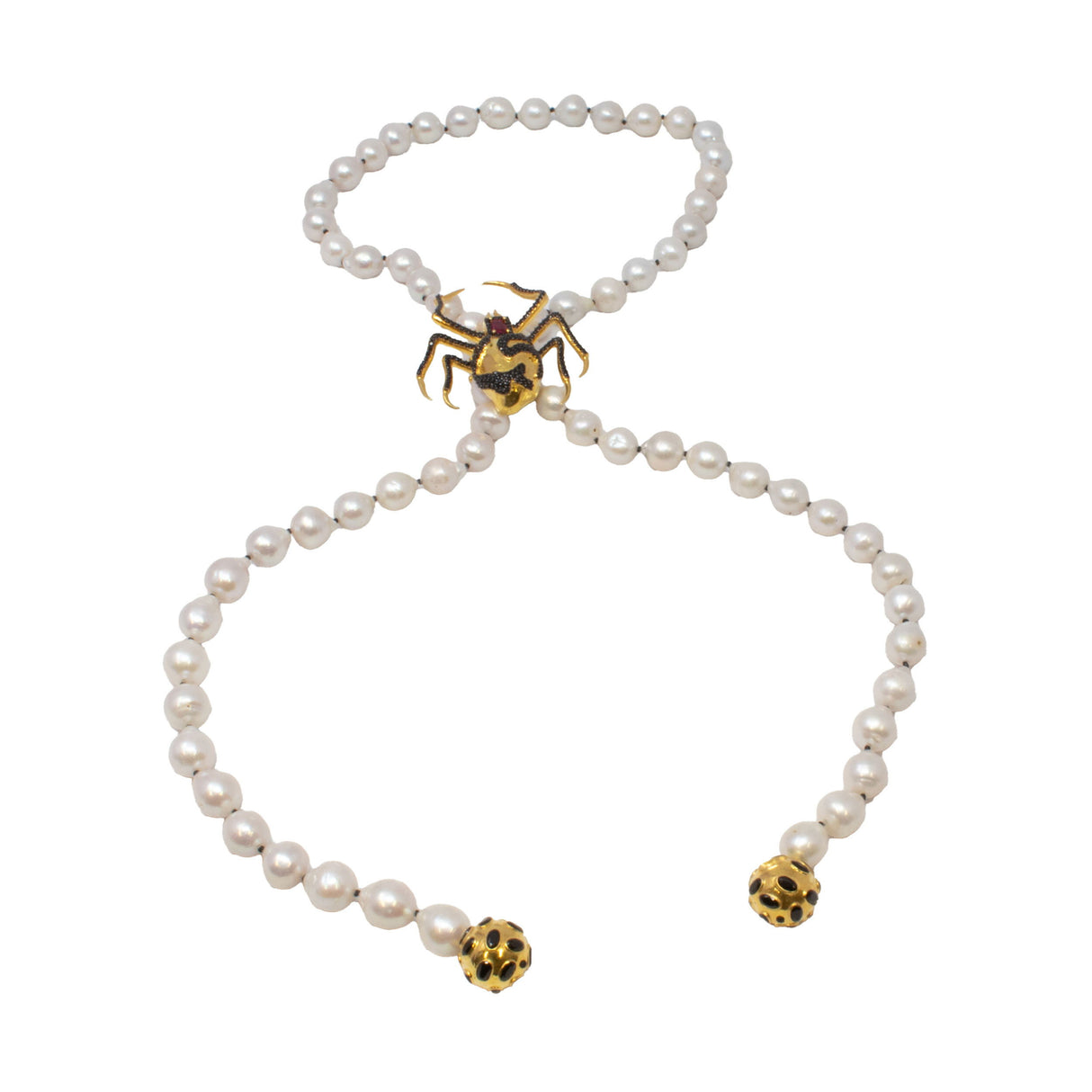 Baroque Pearl Necklace - Lariat-Style Baroque Pearl Necklace with Gold Vermeil Spheres with Dark Faceted Stones & Removable Gold Vermeil Spider with Black Nano Stones in 925 Sterling Silver
