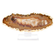 Carnelian agate slice on clear acrylic screw stand, caramel banding with white druzy quartz and cream edges