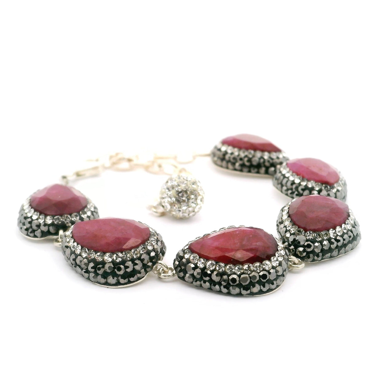 Ruby Link Bracelet - 6 Pear Links Surrounded by Marcasite & Silver Swarovski Crystals in 925 Sterling Silver