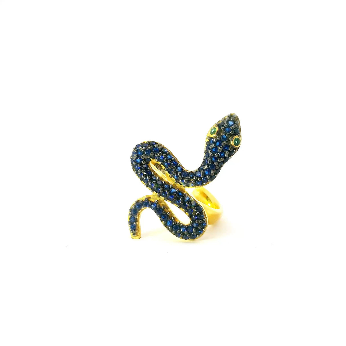 Nano Stone Ring - Blue Snake with Green Eyes in Gold Vermeil over 925 Sterling Silver szAdj.
