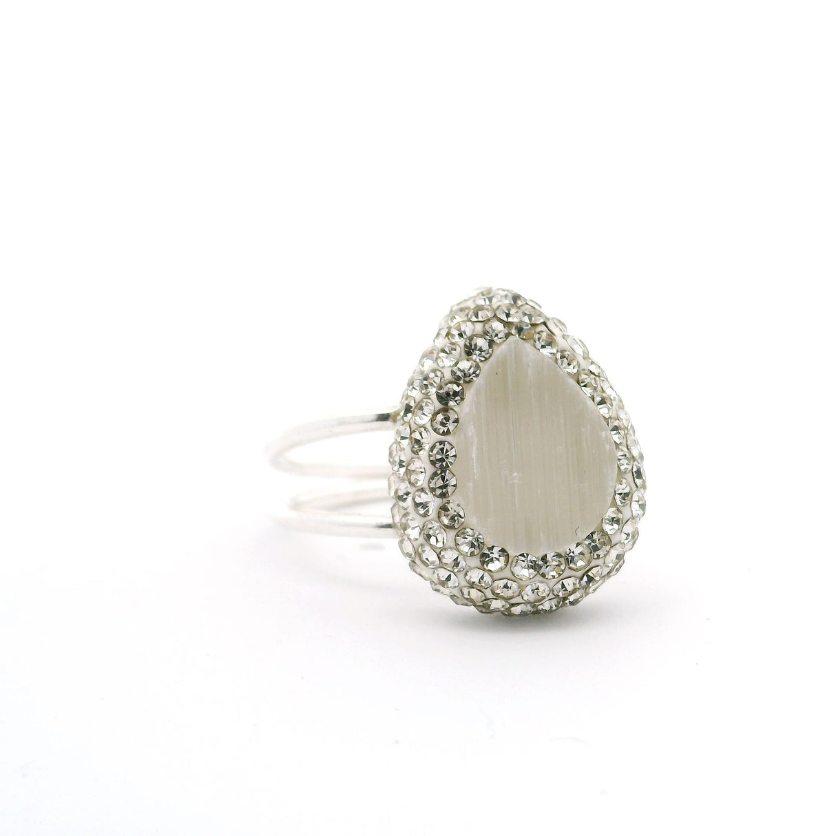 Selenite Ring - Pear Surrounded by Rows of Silver Swarovski Crystals with Double Band in 925 Sterling Silver szAdj.