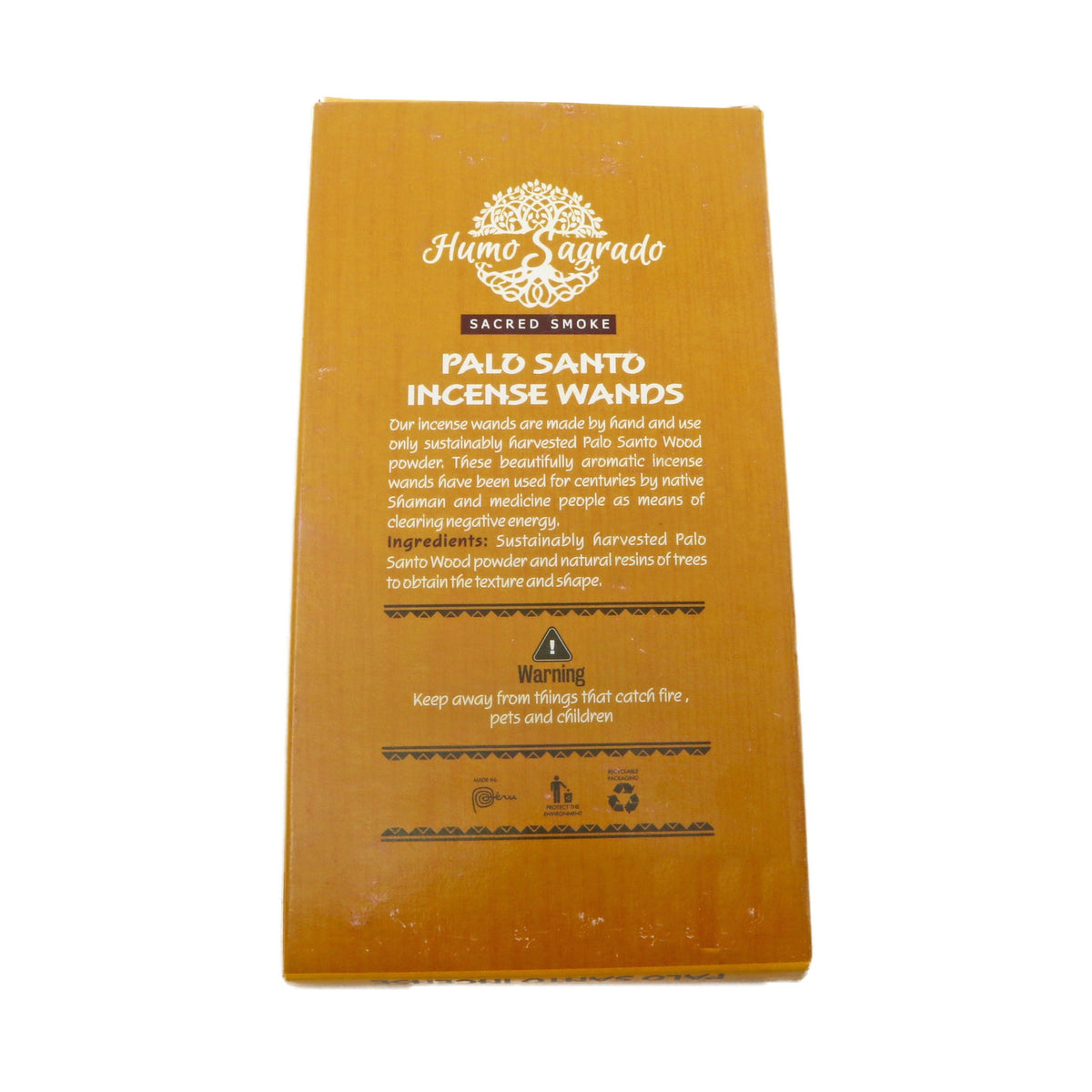 Humo Sagrado box back describing handmade Palo Santo incense wands and ingredients