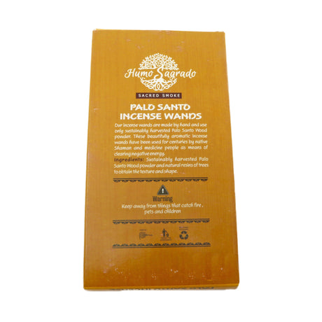 Humo Sagrado box back describing handmade Palo Santo incense wands and ingredients
