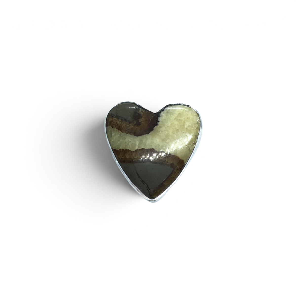 Rare Earth Gallery heart-shaped Septarian cabochon ring featuring a polished brown and tan stone in a silver bezel.