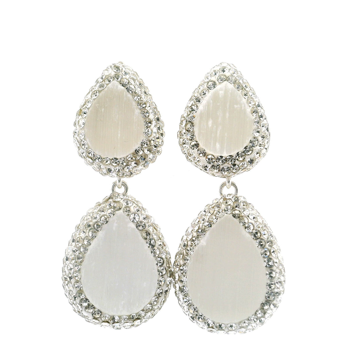 Selenite Dangle Earrings - 2 Pears Surrounded by Rows of Silver Swarovski Crystals in 925 Sterling Silver