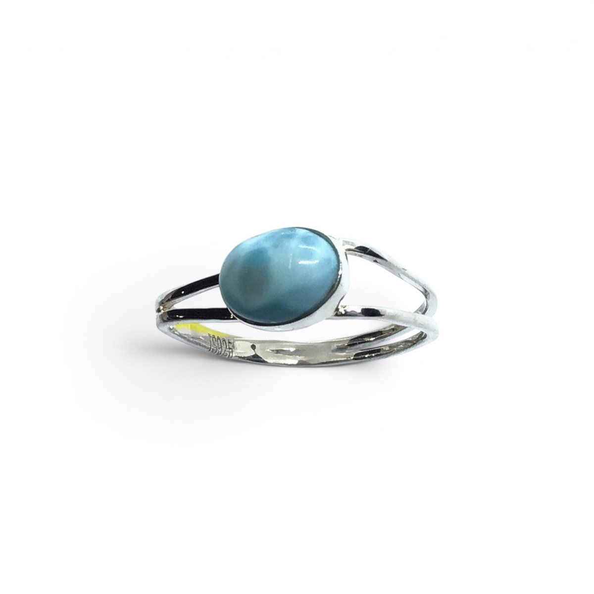 Rare Earth Gallery oval larimar cabochon ring in 925 sterling silver with a unique double band design