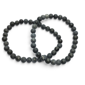 Rare Earth Gallery 6mm pyrite beaded bracelet with metallic grey spherical stones on an elastic band