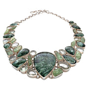 Seraphinite collar necklace with feathery green pear centerpiece, green kyanite and clear prasiolite