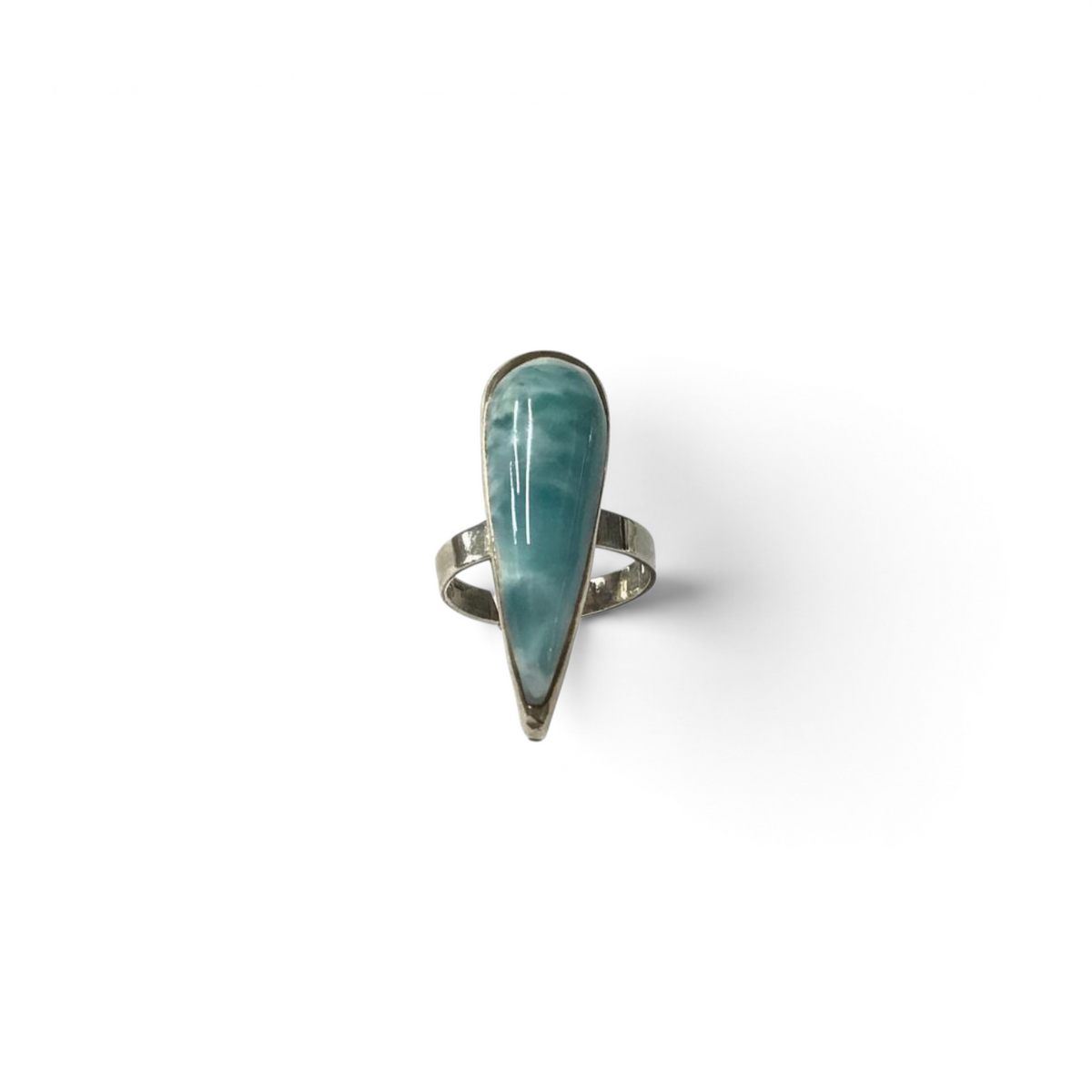 Rare Earth Gallery elongated pear-shaped larimar cabochon ring set in polished sterling silver