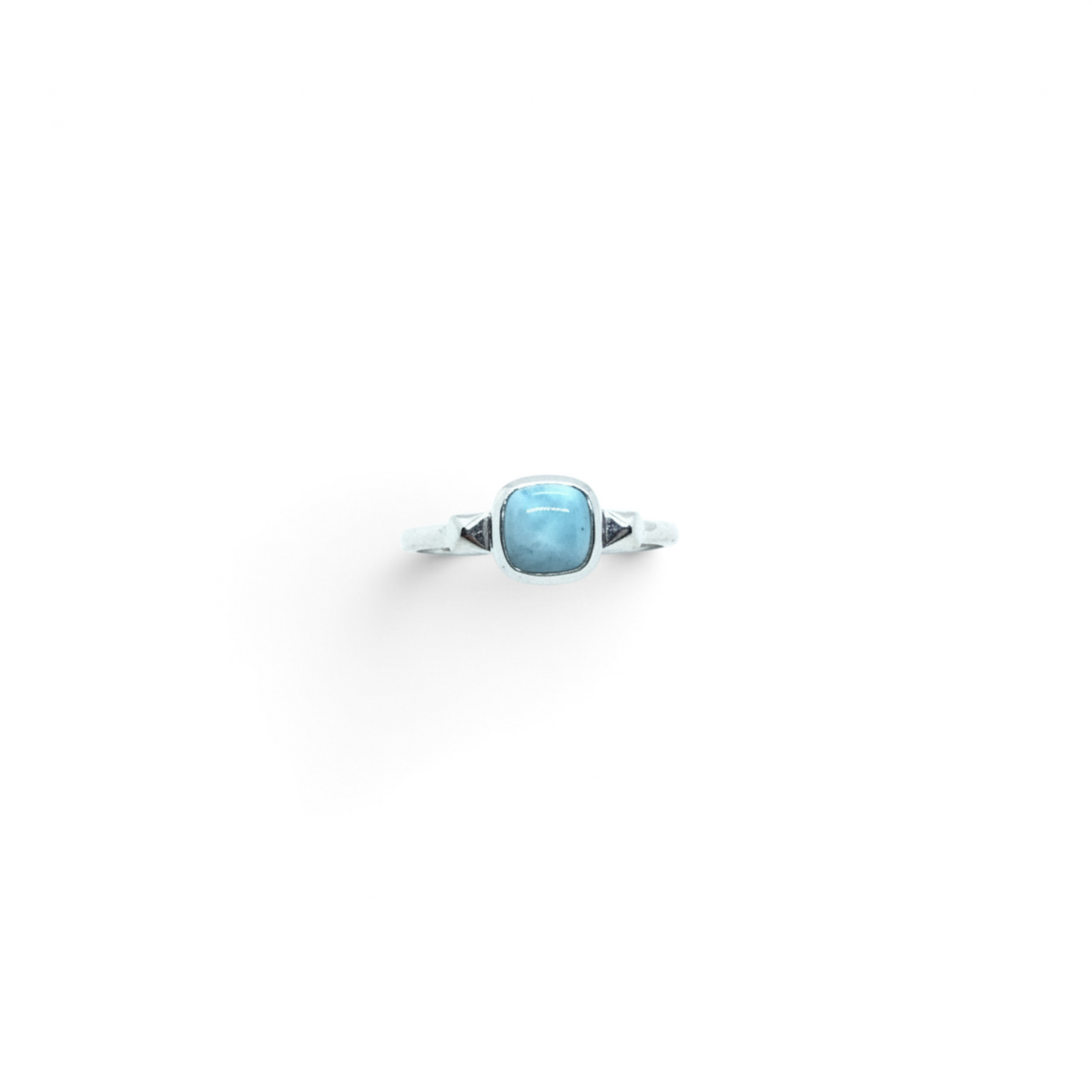 Rare Earth Gallery square larimar cabochon ring with a silver bezel and studded band detail in size 7