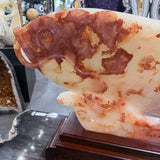 Exquisite Red Skin Mutton Fat Nephrite Jade Fish Carving on Carved Wooden Base with Accompanying Custom Box