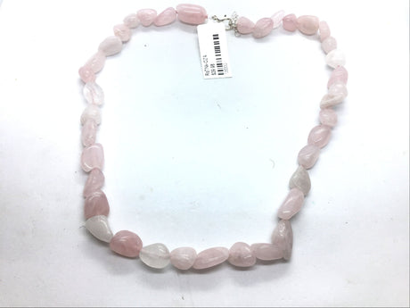 Rose quartz tumbled necklace of glossy pink and white nugget beads with silver clasp