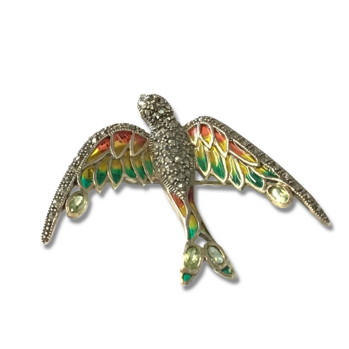 Peridot On Red & Yellow & Green Enamel Bird Brooch Pendant