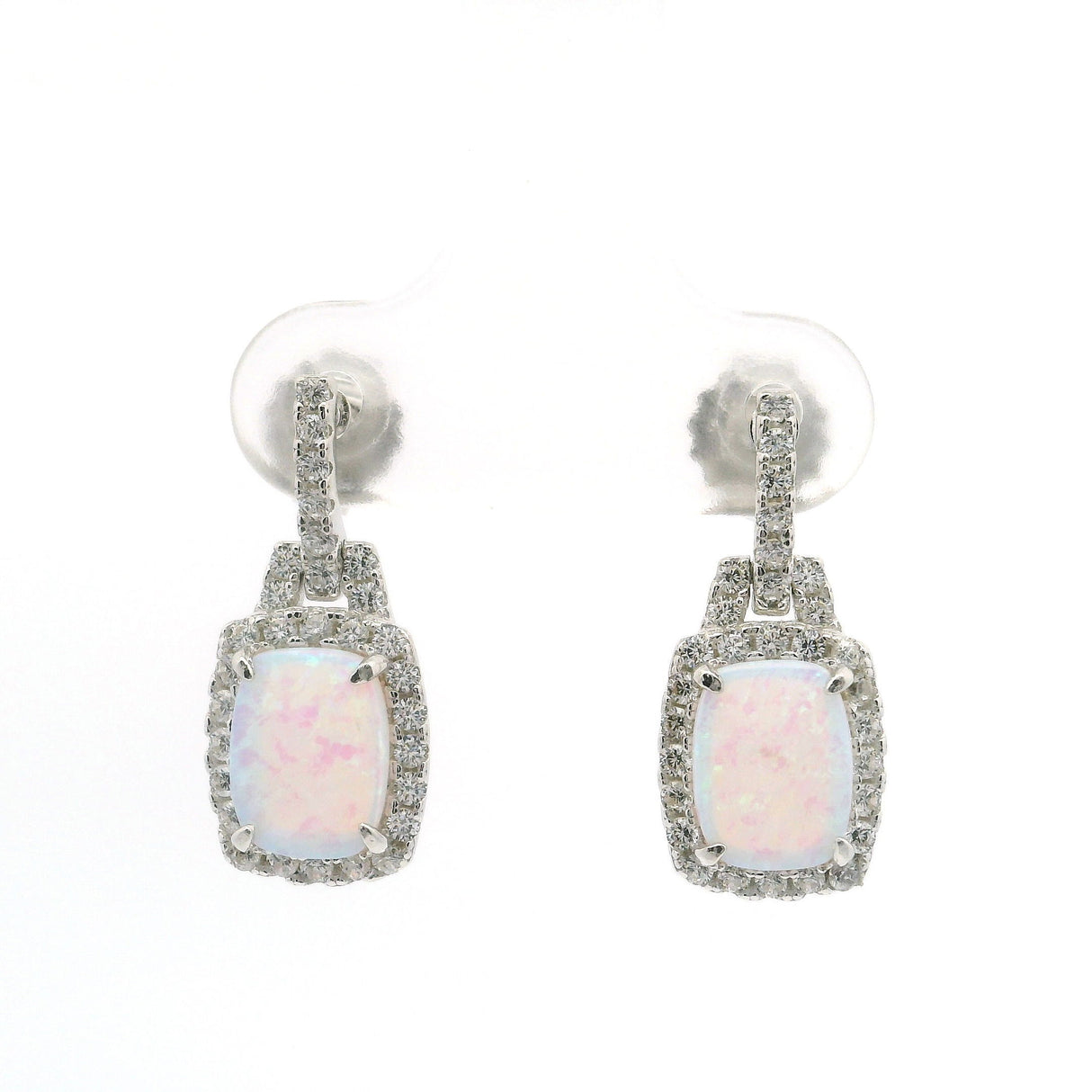 White Opal Earrings on Post - Rectangle Cabochon with White CZs in Bail & Surrounding Prong Setting in 925 Sterling Silver