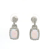 White Opal Earrings on Post - Rectangle Cabochon with White CZs in Bail & Surrounding Prong Setting in 925 Sterling Silver