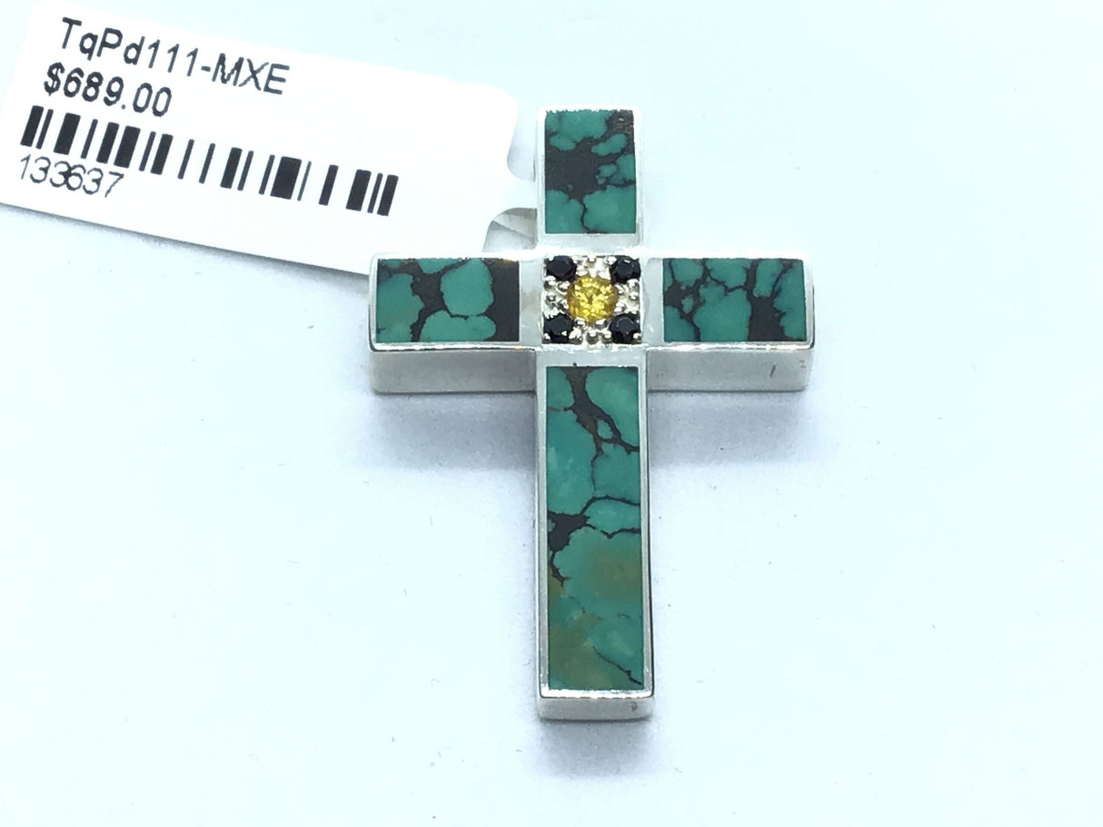 Chinese Turquoise Cross Pendant With Black And Yellow Sapphires In Center