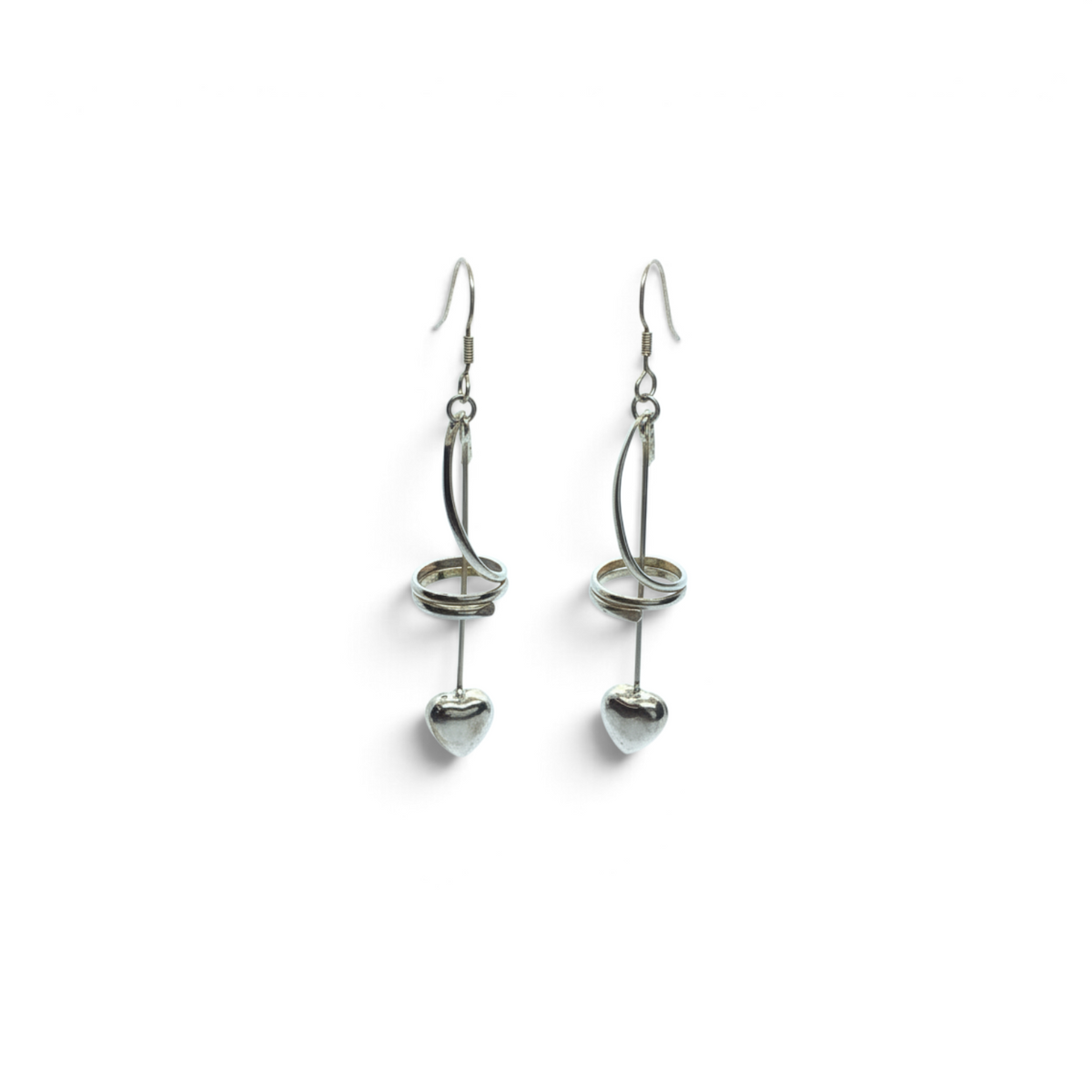 Rare Earth Gallery sterling silver drop earrings featuring a spiral design and a dangling heart charm on a rod