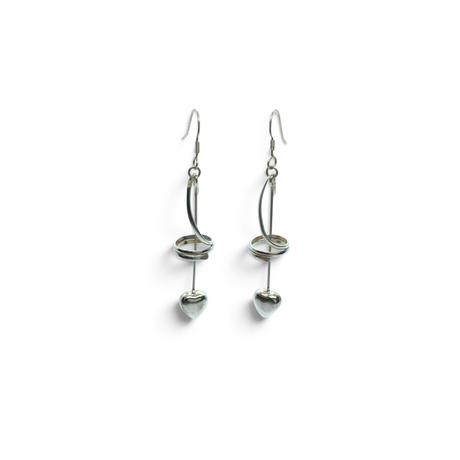Rare Earth Gallery sterling silver drop earrings featuring a spiral design and a dangling heart charm on a rod