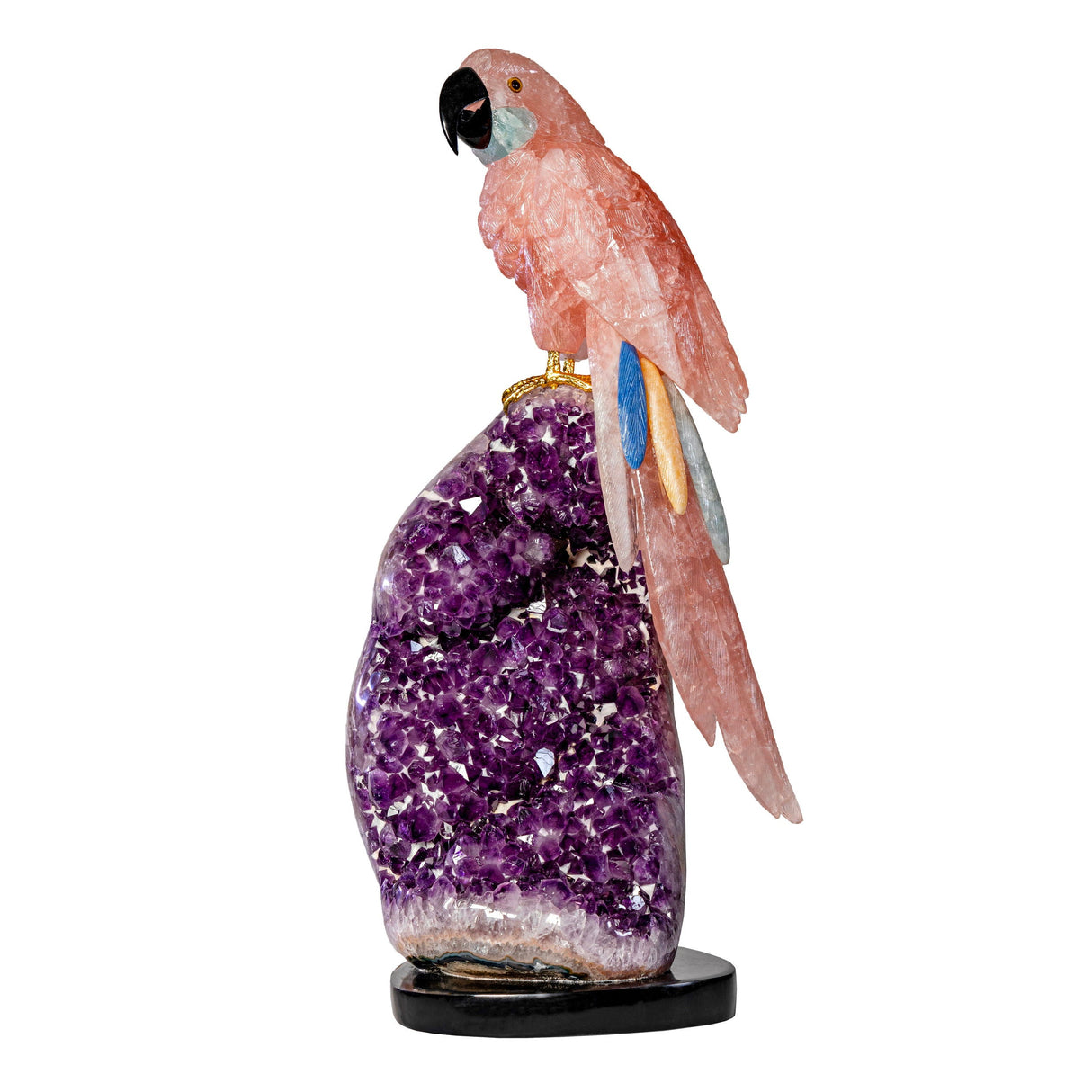 Rose Quartz Macaw with Aquamarine Cheeks on Amethyst Geode with Calcite Imbedded