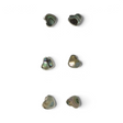 Rare Earth Gallery mini heart stud earrings featuring iridescent abalone shell in a polished silver bezel setting.
