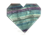 Rainbow Fluorite Heart - Flat with Faceted Faces on Lucite Stand (Horizontal Green & Purple Banding)