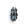 Rare Earth Gallery sterling silver ring featuring three oval labradorite cabochons with filigree and rope details.