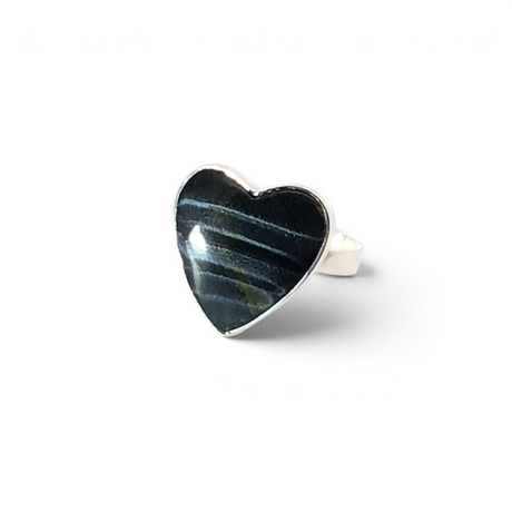 Blue tiger's eye heart cabochon with horizontal chatoyant banding in sterling silver bezel