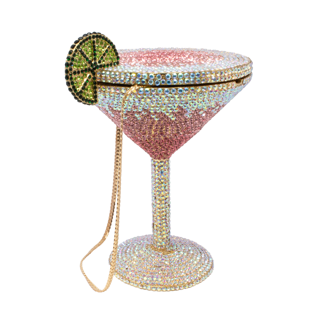 Martini Glass Crystal Purse with Chain - White, Pink & Green