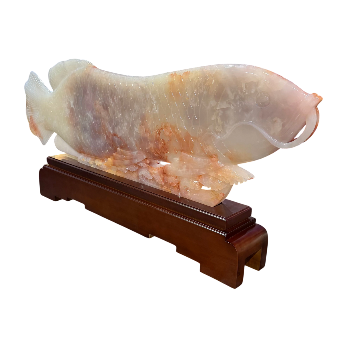 Exquisite Red Skin Mutton Fat Nephrite Jade Fish Carving on Carved Wooden Base with Accompanying Custom Box
