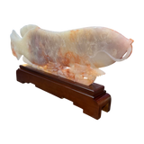 Exquisite Red Skin Mutton Fat Nephrite Jade Fish Carving on Carved Wooden Base with Accompanying Custom Box
