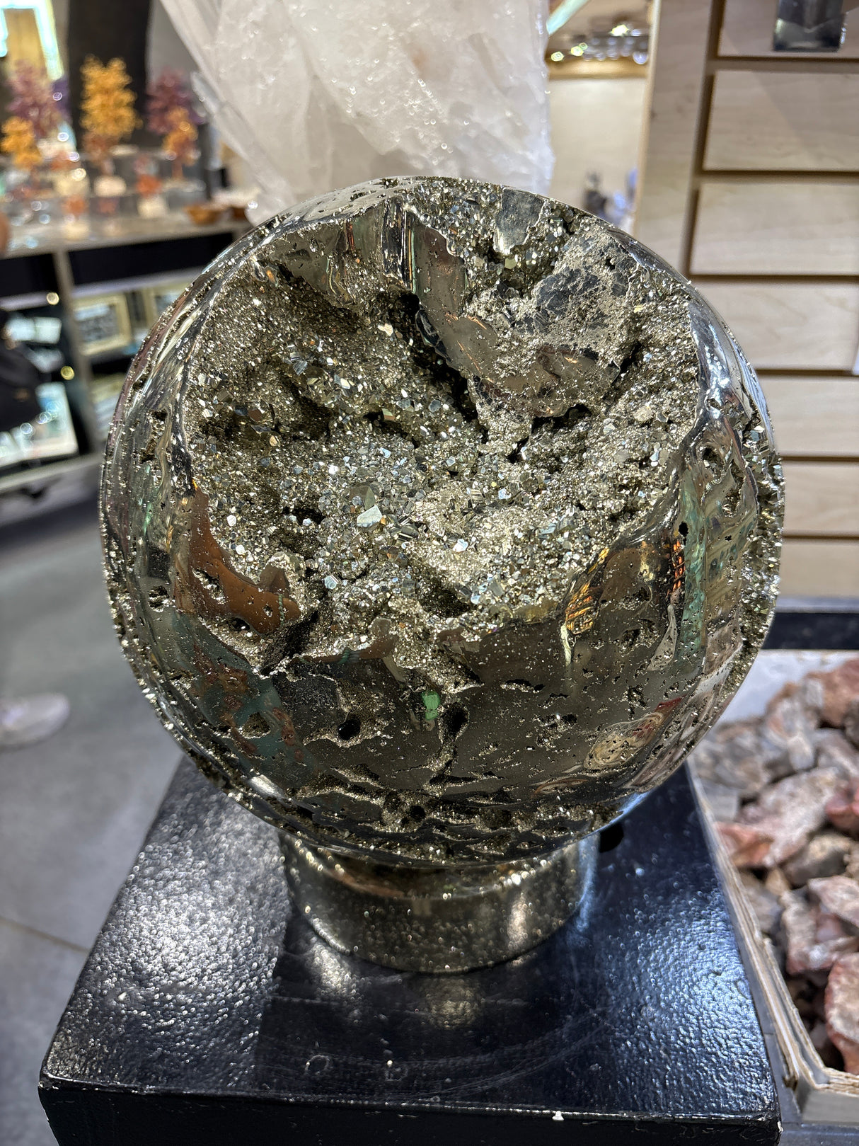 "Death Starr" Peruvian Pyrite Sphere with Accompanying Pyrite Stand
