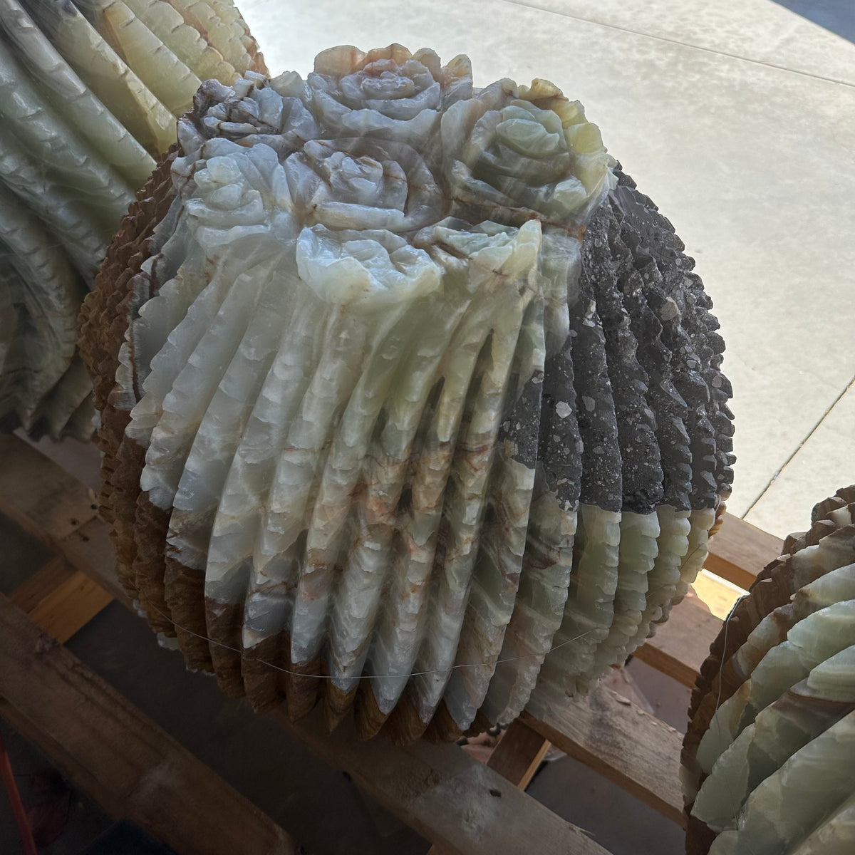 Green Talan barrel cactus sculpture with gray caliche area, top angle showing carved rose crown and ribbed dome