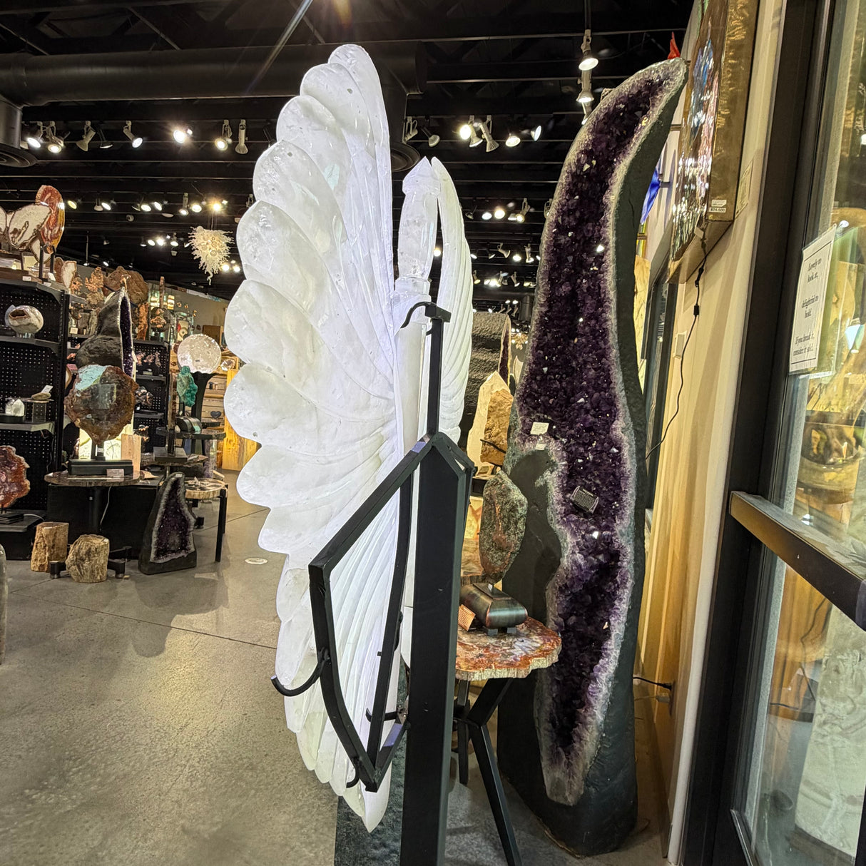 White Quartz Warrior Sword & Angel Wings Carving in Fitted Stand