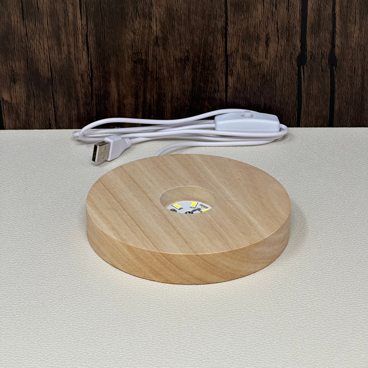 Large Wooden Light Base -  Round with White Light & USB plug