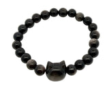 Bracelet perlé avec tête de chat sculptée et perles rondes de 8 mm avec entretoises dorées