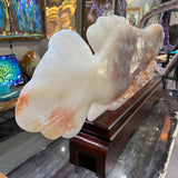 Exquisite Red Skin Mutton Fat Nephrite Jade Fish Carving on Carved Wooden Base with Accompanying Custom Box