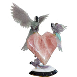 Exquisite Rainbow Fluorite Macaw Trio Perched on Faceted Rose Quartz Heart on Dolomite & Obsidain Base - Tail Feathers of Amazoite & Red Jasper