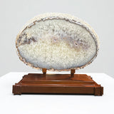 Agate Slice with Pink Tone Druze Vugs on Custom Stand -2 Step Copper Patina