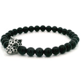 Bracelet en perles d'agate noire de 6 mm avec perle d'accent tête de léopard