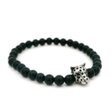 Bracelet en perles d'agate noire de 6 mm avec perle d'accent tête de léopard