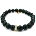 8mm Black Agate Beaded Bracelet with Gold Cz Accent Bead
