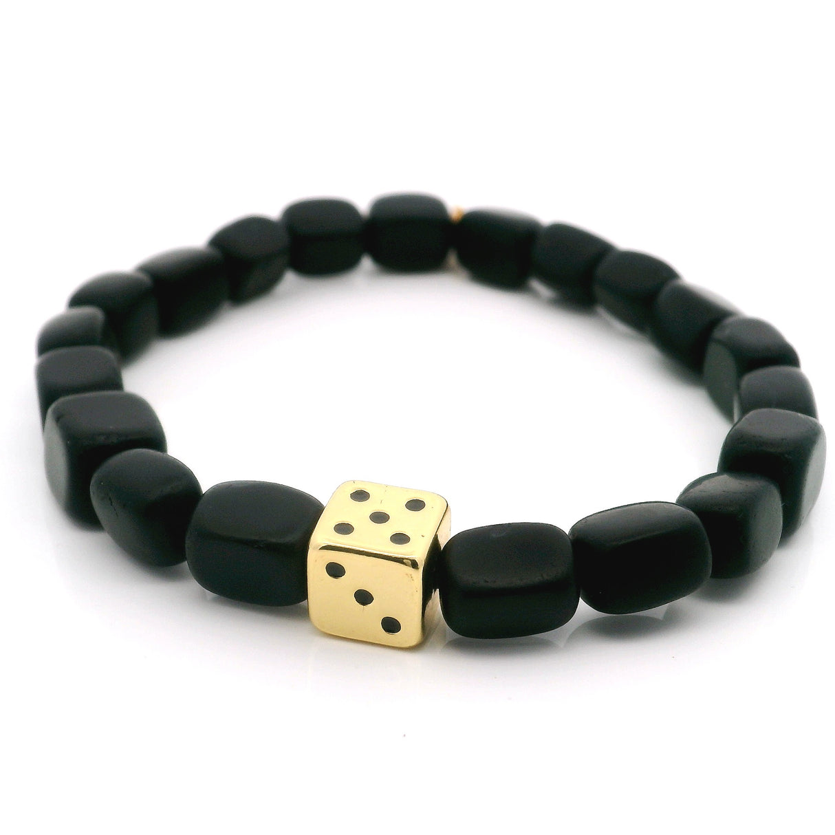 Black Agate Rectangular Beaded Bracelet with Gold Dice Accent