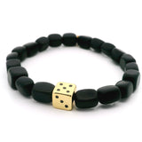 Black Agate Rectangular Beaded Bracelet with Gold Dice Accent